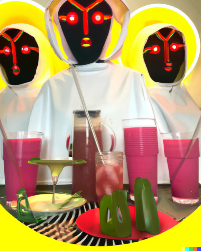 surrealist image of monk-like figures in front of cups. the monks are wearing white robes and masks that are mostly black outside of two neon lights.