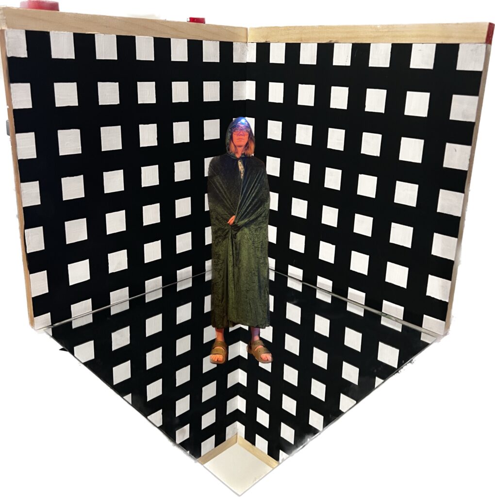 a generated image of a monk inside a box with checkered black and white patterns. the monk appears to be a plastic figure