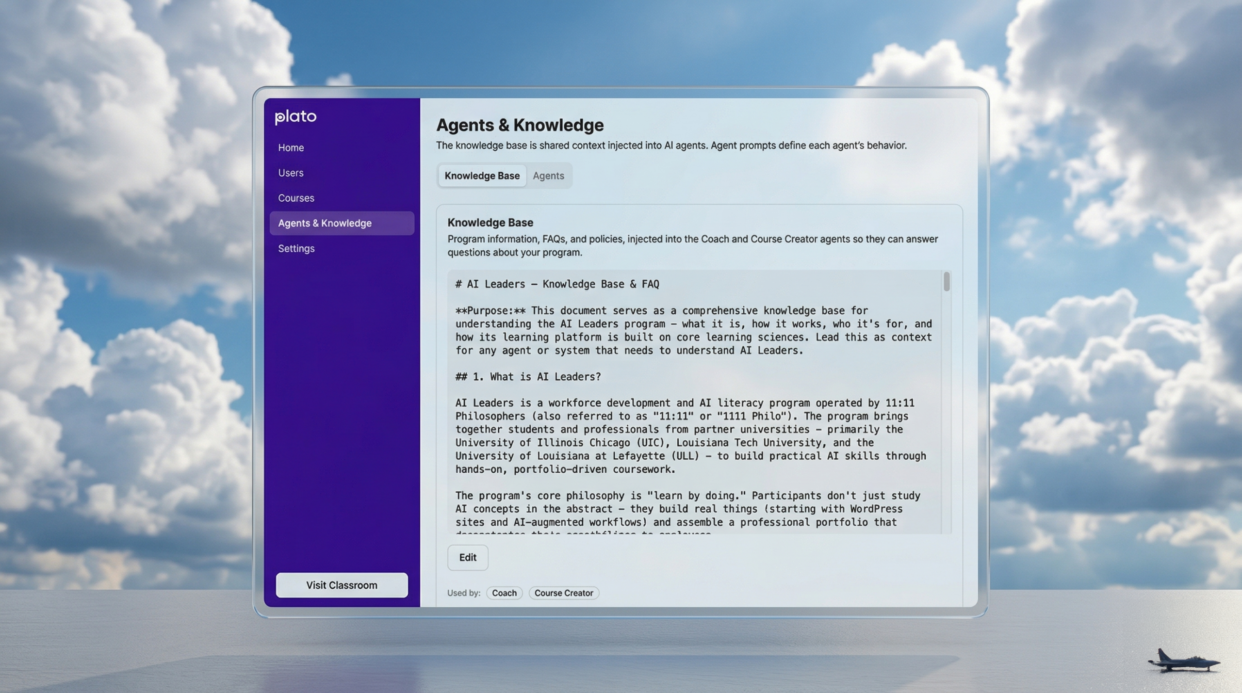 screenshot of plato showing a modern interface with a page titled "agents and knowledge"