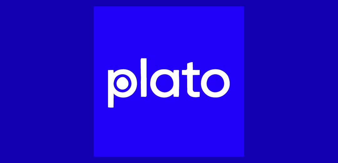 logo for plato: a lowercase p with a circle in the center followed by l, a, t, o. purple background. white modern font.