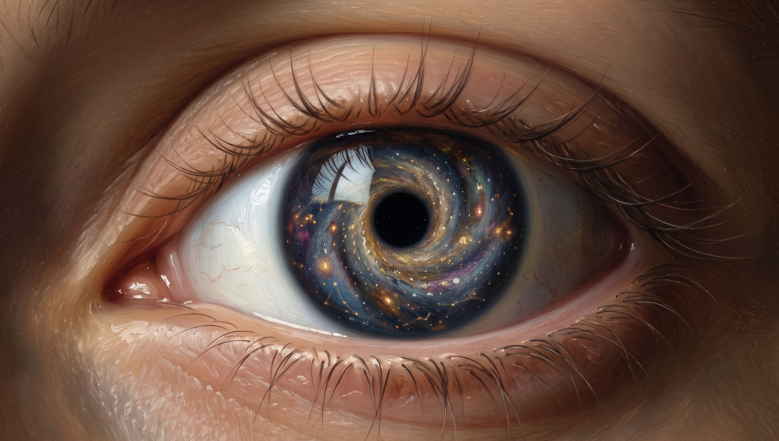 Closeup of an eye with a galaxy spinning around the iris.
